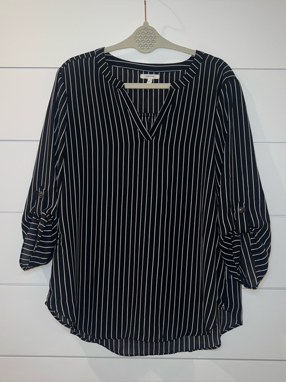 SOLD Maurices Atwood Striped Popover Blouse XL Black White Roll Tab Sleeve SheeR